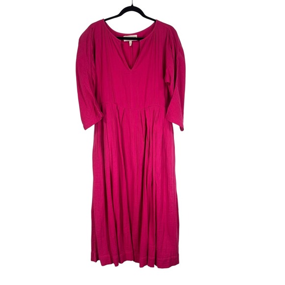 Mara Hoffman Women's Dress XXS Hot Pink 3/4 Sleeve V Neck Midi Pleated Pockets - Picture 2 of 9